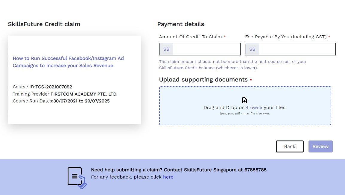 how to claim skillsfuture credits payment details